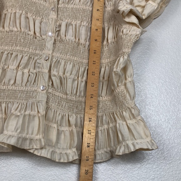 IN THE BEGINNING Blouse Beige Babydoll Flutter Sleeve Button Smock Top Medium - Picture 10 of 12